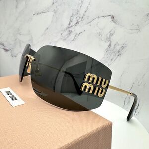 New MIU MIU Sunglasses Gold Rimless Wrap Square Oversized MIU MIU Logo Italy